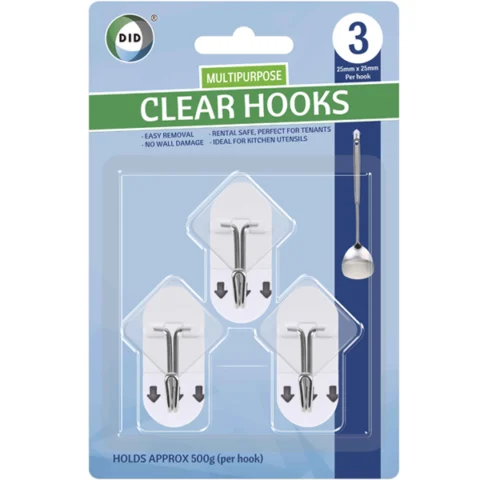 DID 25mm Multipurpose Self-Adhesive Clear Hooks 3 Pack