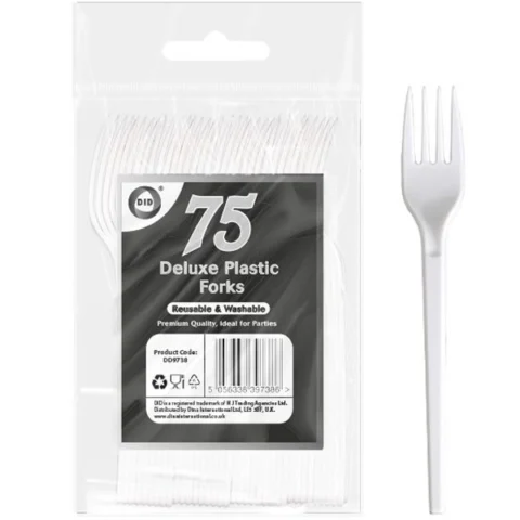 DID Deluxe Reusable White Plastic Forks 75 Pack