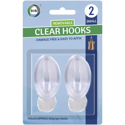 DID Small Removable Clear Self-Adhesive Hooks 2 Pack