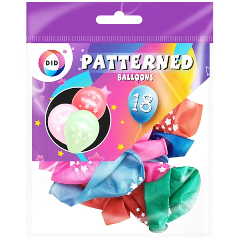 DID Star Patterned Balloons Assorted Colours 18 Pack