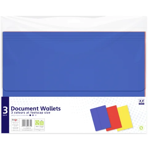 Document Wallets Foolscap Assorted Colours 3 Pack