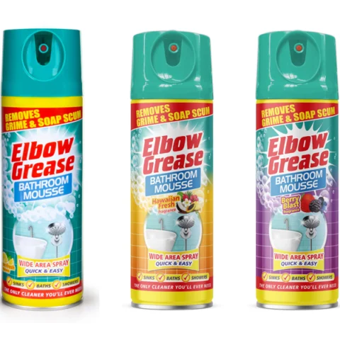 Elbow Grease Lemon Zest, Hawaiian Fresh & Berry Blast Bathroom Mousse Spray 400ml Mixed Case