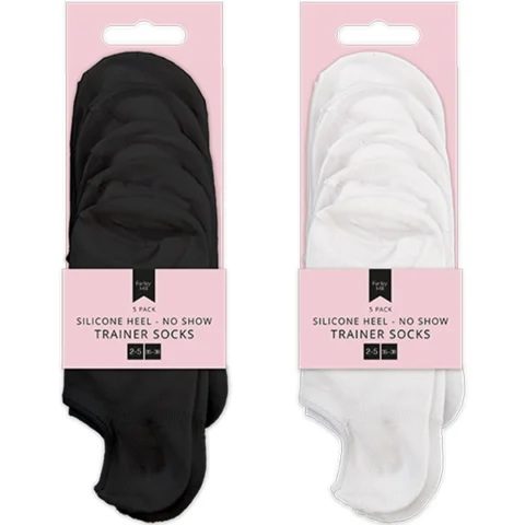 Farley Mill 2-5 Silicone Heel No Show Ladies Trainer Socks 5 Pack Assorted Colours