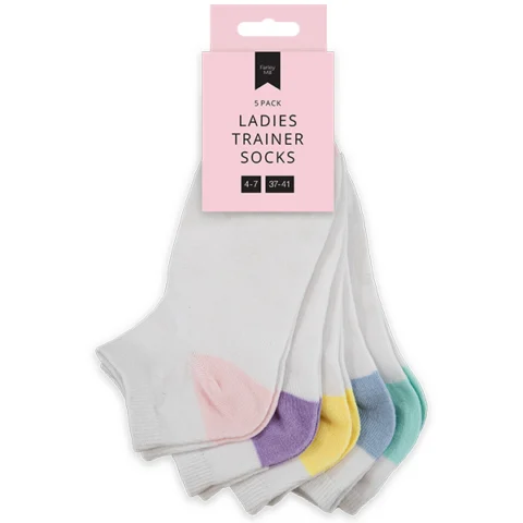 Farley Mill 4-7 Assorted Colour Ladies White Trainer Socks 5 Pack