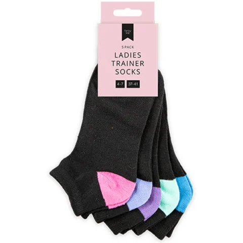 Farley Mill 4-7 Assorted Ladies Black Trainer Socks 5 Pairs