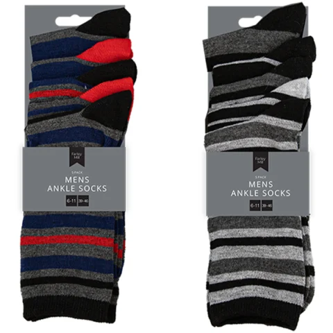 Farley Mill 6-11 Men's Stripe Ankle Socks 5 Pairs Assorted Colours