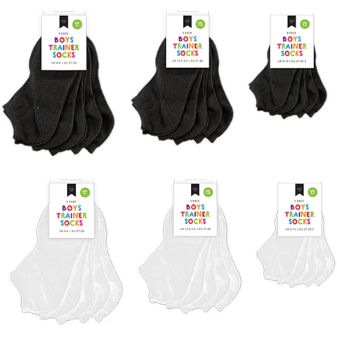 Farley Mill Ages 3-11 Boys Black & White Plain Trainer Socks 5 Pack Assorted