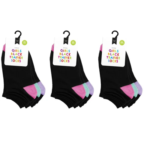 Farley Mill Assorted Colour Size 4-6 Girls Black Trainer Socks 3 Pairs