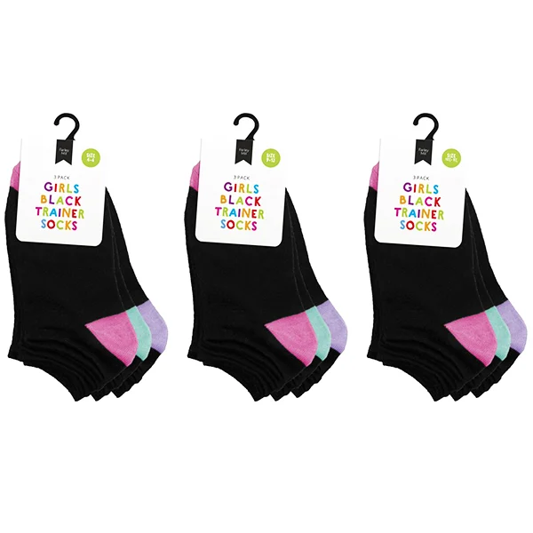 Farley Mill Assorted Colour Size 4-6 Girls Black Trainer Socks 3 Pairs