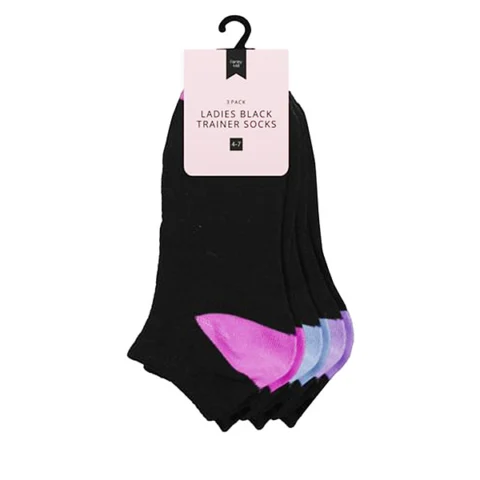 Farley Mill Assorted Colour Size 4-7 Ladies Black Trainer Socks 3 Pack