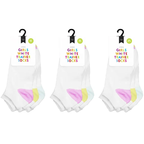 Farley Mill Assorted Colour Size 9-12 Girls' White Trainer Socks 3 Pack