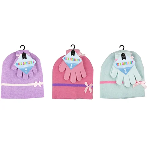 Farley Mill Girl's Beanie Hat & Glove Set 3pc Assorted Colours