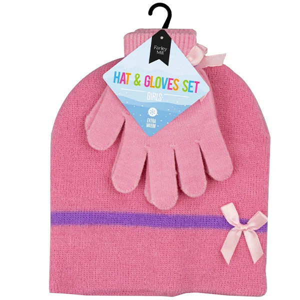 Farley Mill Girl's Beanie Hat & Glove Set 3pc Assorted Colours