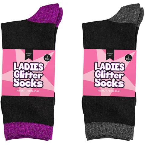 Farley Mill Ladies' Size 4-7 Glitter Lurex Socks 2 Pack Assorted Colours
