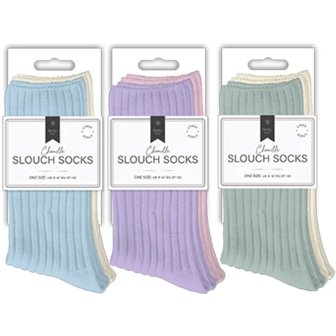 Farley Mill UK 4-8 Ladies Plain Chenille Ribbed Slouch Socks 2 Pack Assorted Colours