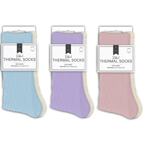 Farley Mill UK 4-8 Ladies Plain Ribbed Thermal Wool Socks 2 Pack Assorted Colours