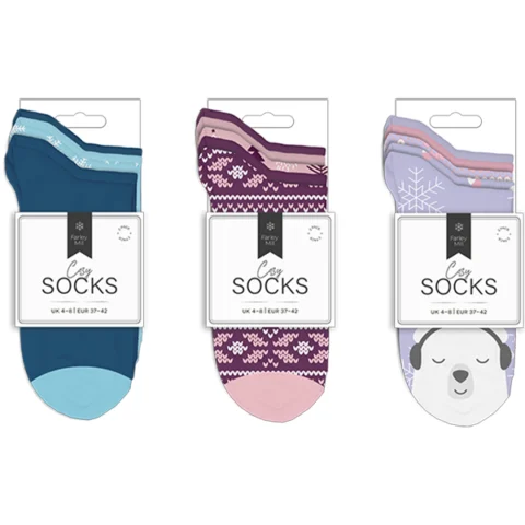 Farley Mill UK 4-8 Ladies Printed Cosy Socks 5 Pack Assorted