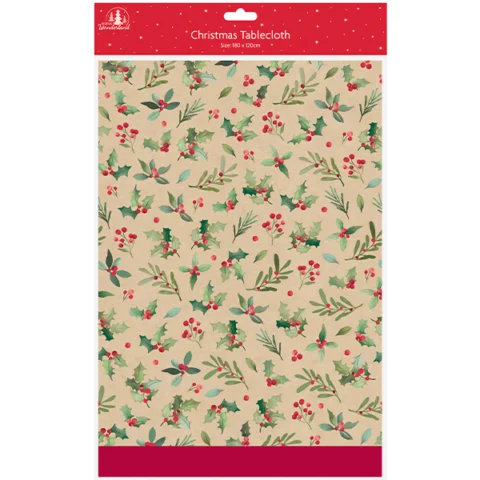 Festive Wonderland Christmas Holly Paper Tablecloth 180 X 120cm