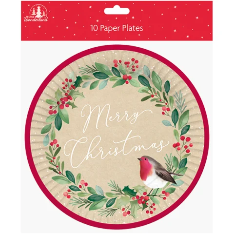 Festive Wonderland Holly & Robin Paper Plates 10 Pack