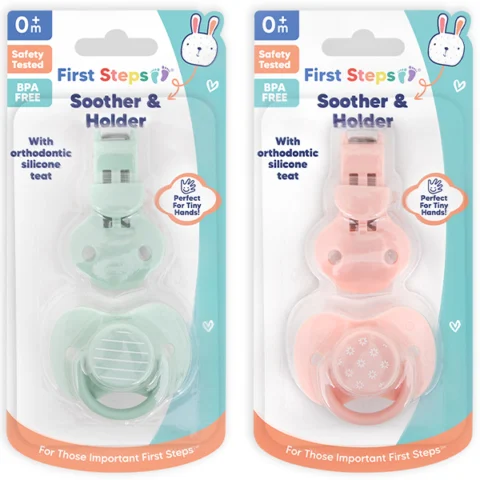 First Steps 0m+ Baby Soother & Holder Set Assorted Colours
