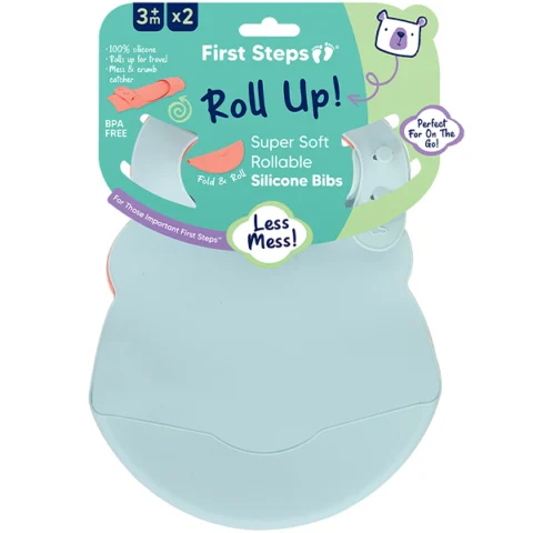 First Steps Assorted Colour Roll Up Silicone Baby Bibs 2 Pack