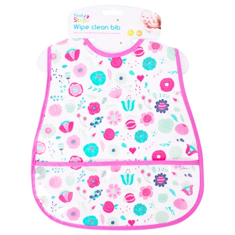 First Steps Peva Floral Wipe Clean Bib With Pocket 28cm X 45cm