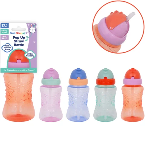 First Steps Pop-Up Straw Sports Baby Bottle 12m+ 300ml Assorted Colours