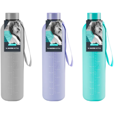 Fitstyle Soft Touch Tracking Water Bottle 1L Assorted Colours