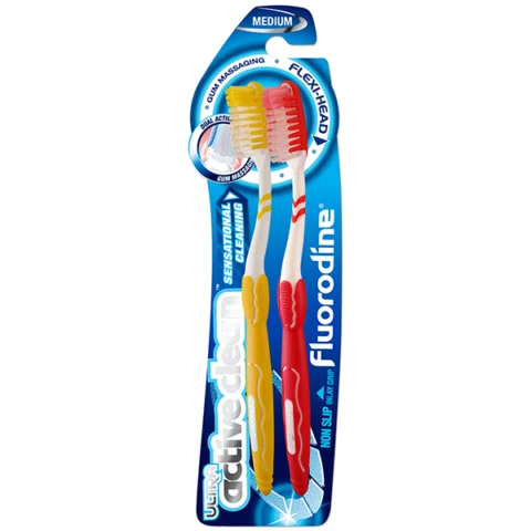 Fluorodine Medium Ultra Active Clean Gum Massaging Toothbrushes 2 Pack