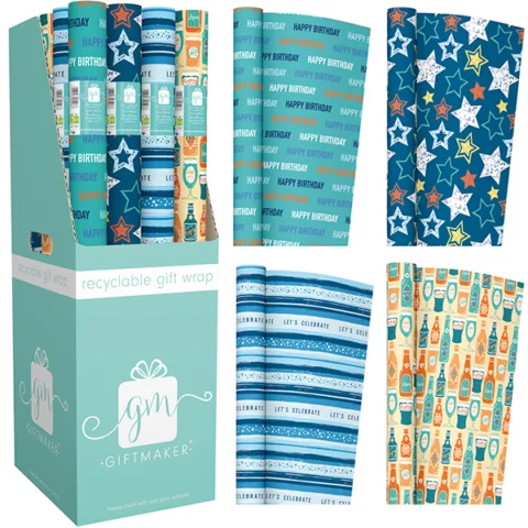 Giftmaker Assorted Male Recyclable Gift Wrap FSDU 3m X 69cm