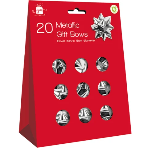 Giftmaker Christmas 5cm Self-Adhesive Metallic Silver Gift Bows 20 Pack