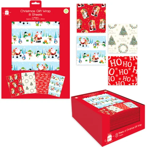 Giftmaker Christmas Flat Gift Wrap 8 Pack 50cm X 50cm