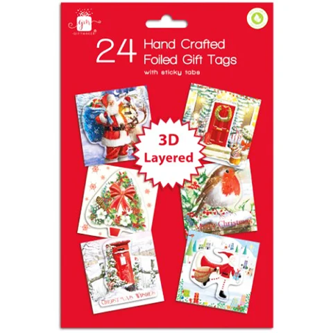 Giftmaker Hand-Crafted 3D Layered Foiled Christmas Gift Tags 24 Pack