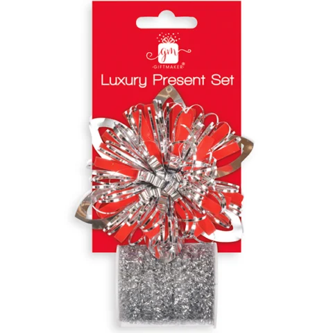 Giftmaker Luxury Silver Bow & Tinsel Christmas Present Set