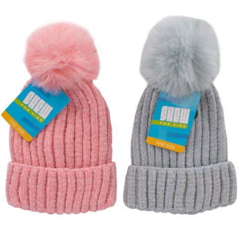 Girls Chenille Faux Fur Pom Pom Winter Hat Assorted Colours