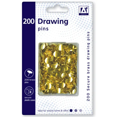 Gold Drawing Pins In Plastic Case 200pc