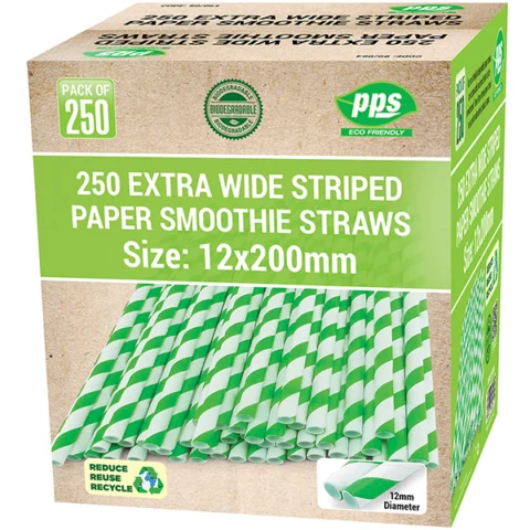 Green & White Striped Biodegradable Extra Wide Paper Smoothie Straws 1cm X 20cm 250 Pack