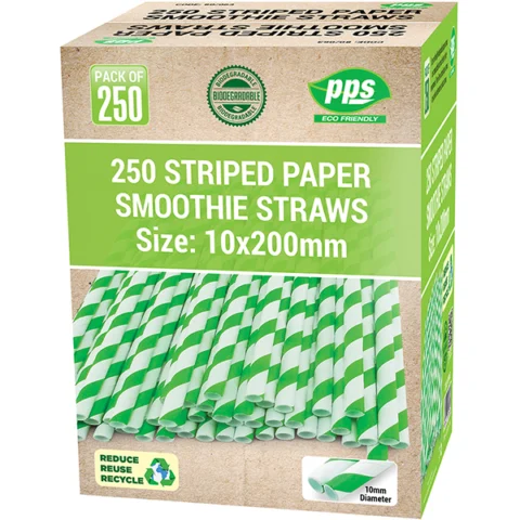 Green & White Striped Biodegradable Paper Smoothie Straws 1cm X 20cm 250 Pack