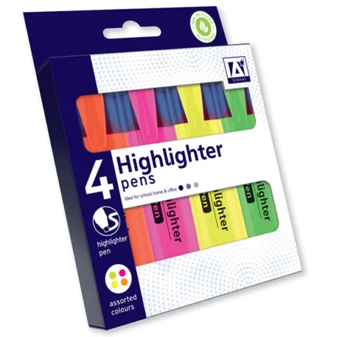 Highlighter Pens Assorted Colours 4 Pack