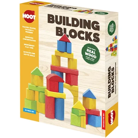 Hoot Assorted Colours & Shapes Wooden Building Blocks Play Set 50pc