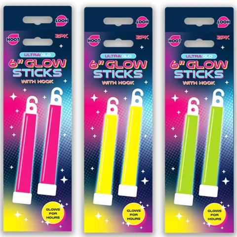 Hoot Ultra-Glo Hanging Glow Sticks 6" 2 Pack Assorted Colours