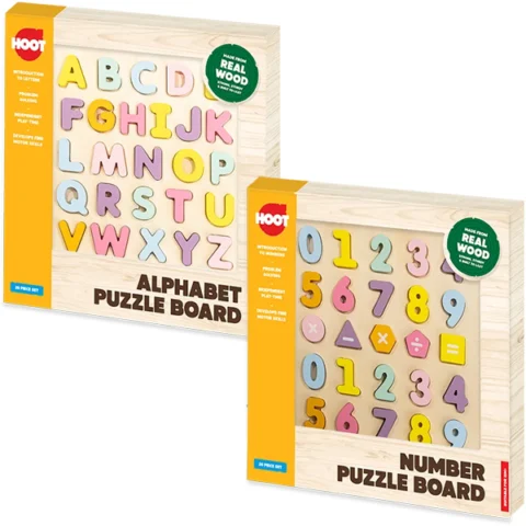 Hoot Wooden Chunky Alphabet & Number Puzzle Board 30cm Assorted