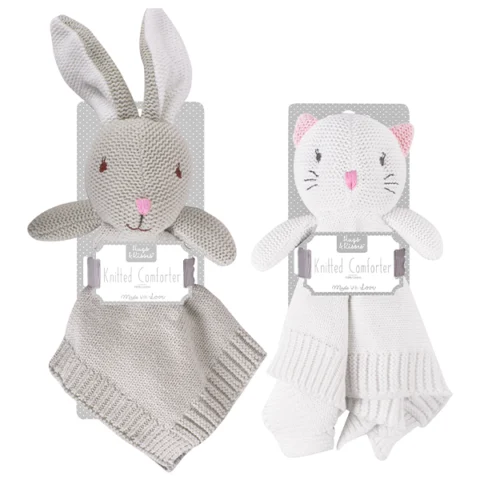 Hugs & Kisses Knitted Bunny & Cat Comforter Assorted 30cm X 30cm