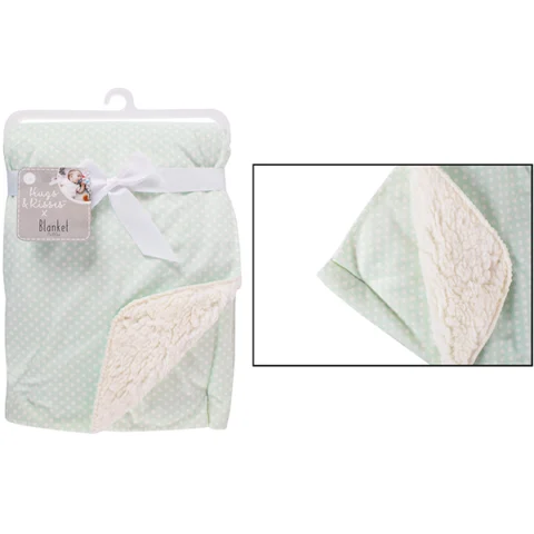 Hugs & Kisses Mink Sherpa Pale Green Spot Baby Blanket 75cm X 100cm