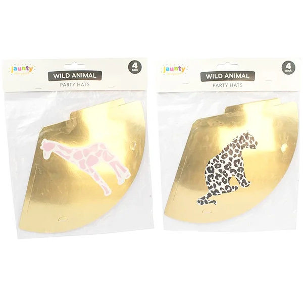 Jaunty 6" Metallic Gold Wild Animal Leopard & Giraffe Party Hats 4 Pack Assorted