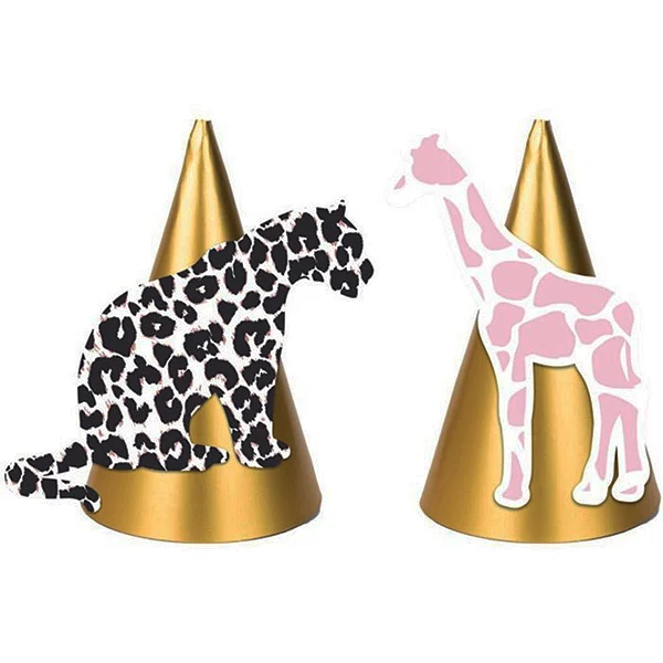 Jaunty 6" Metallic Gold Wild Animal Leopard & Giraffe Party Hats 4 Pack Assorted