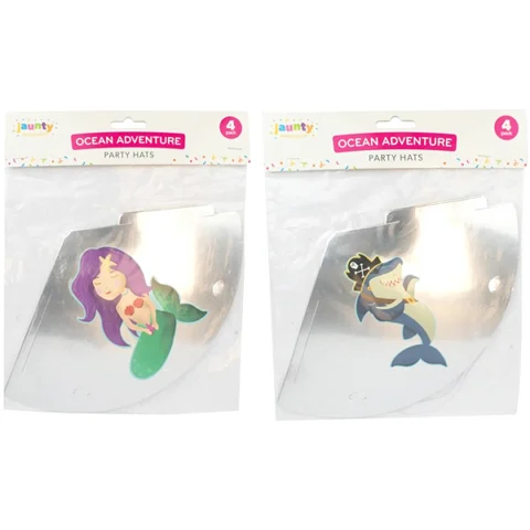 Jaunty 6" Ocean Adventure Shark & Mermaid Metallic Silver Party Hats 4 Pack Assorted