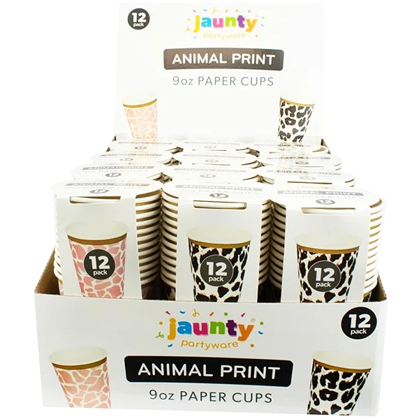 Jaunty 9oz Leopard Print Paper Cups 12pc Assorted Colours