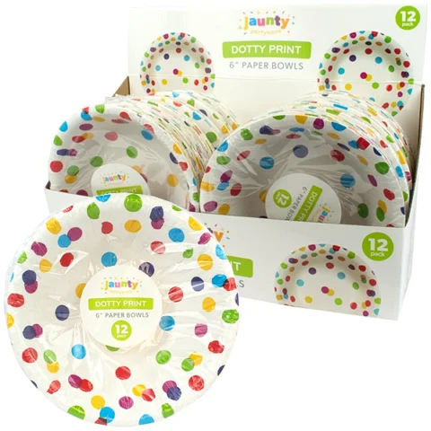 Jaunty Coloured Dotty Print Paper Bowls 6" 12 Pack