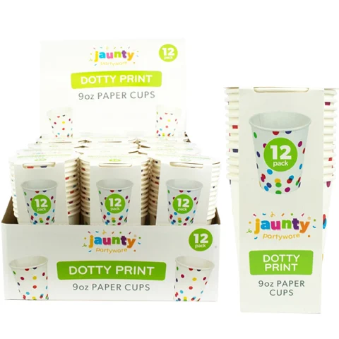 Jaunty Coloured Dotty Print Paper Cups 9oz 12 Pack